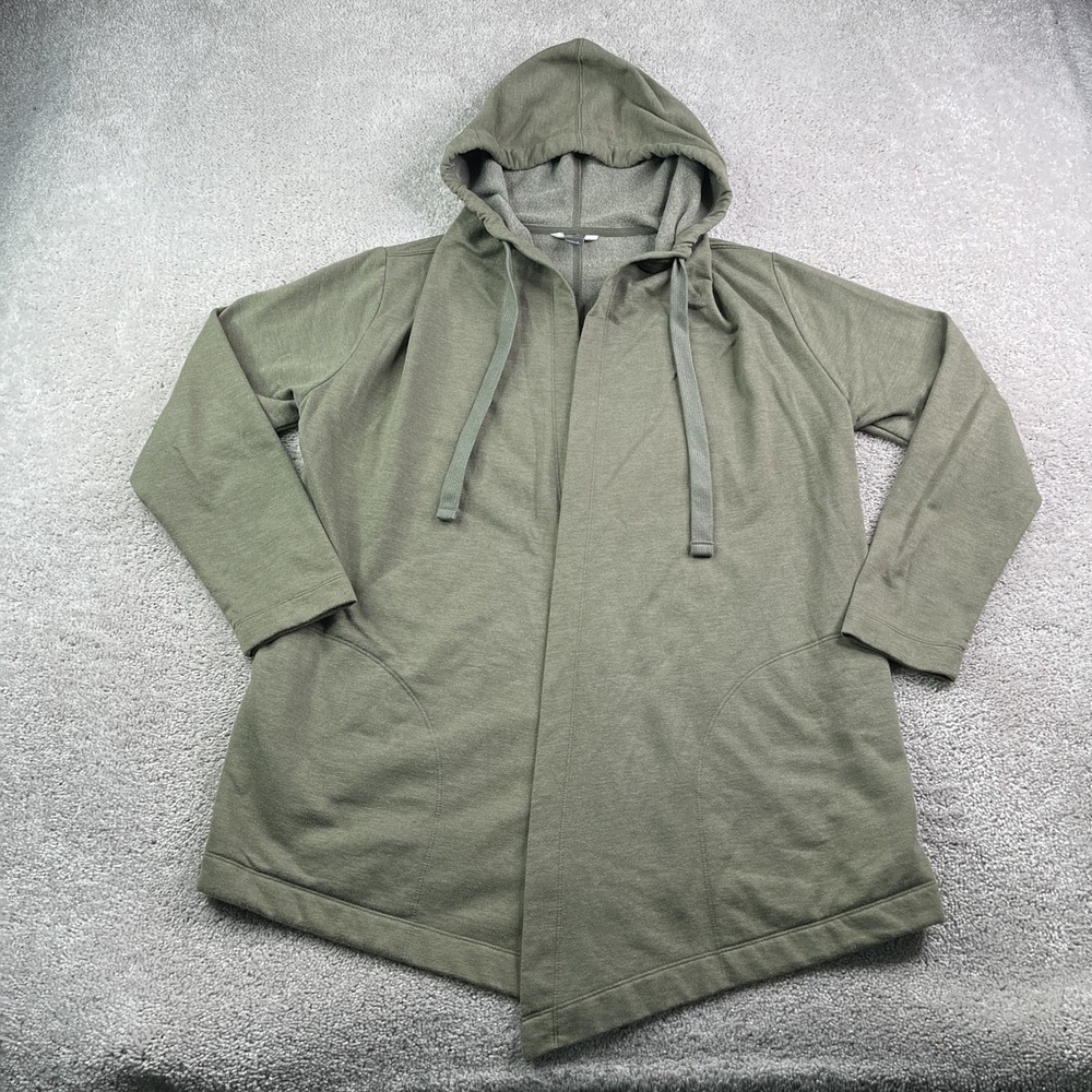 Eddie Bauer Cardigan Women Small Green Open Front Hooded Fleece Pockets Casual